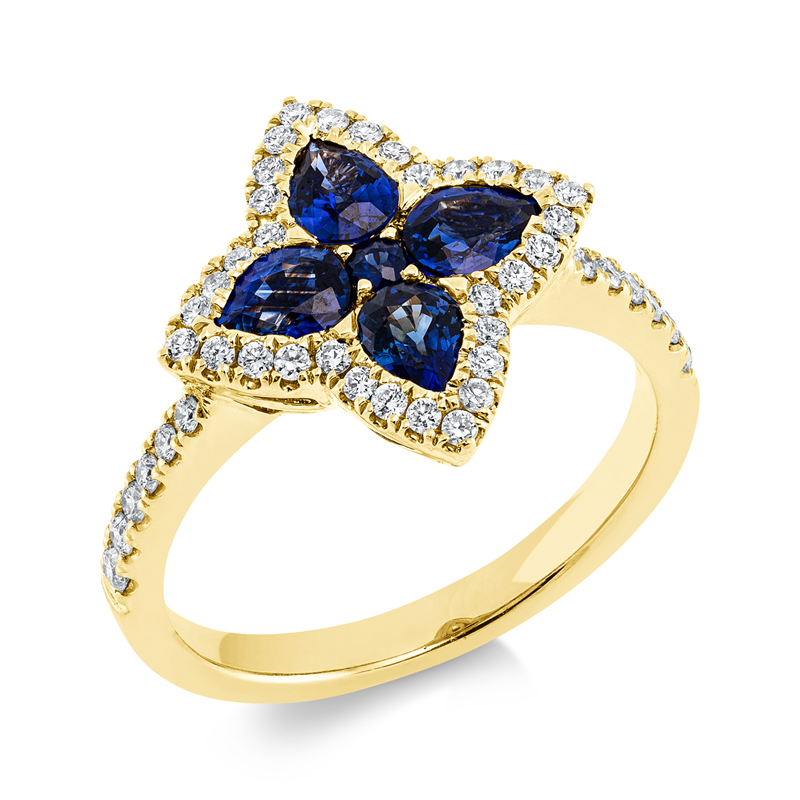 Ring 18 kt GG, 44 Brill. 0,34 ct, TW-si, 4 Saphire 1,13 ct blau, 1 Saphir 0,04 ct blau