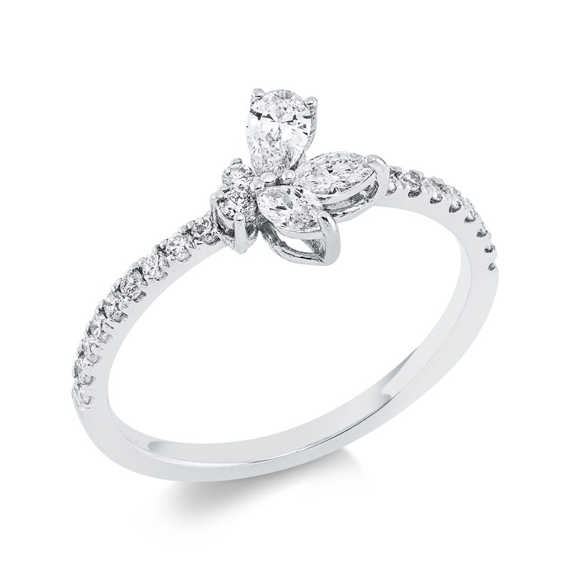 Ring 14 kt WG, 2 Nav. 0,15 ct, F-vsi, 1 Tropfen 0,10 ct, F-vsi, 21 Brill. 0,25 ct, F-si