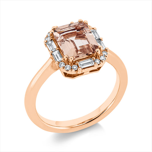 Ring 14 kt RG, 6 Bag. 0,23 ct, TW-vsi, 12 Brill. 0,09 ct, W-vsi, 1 Morganit 2,08 ct rosé