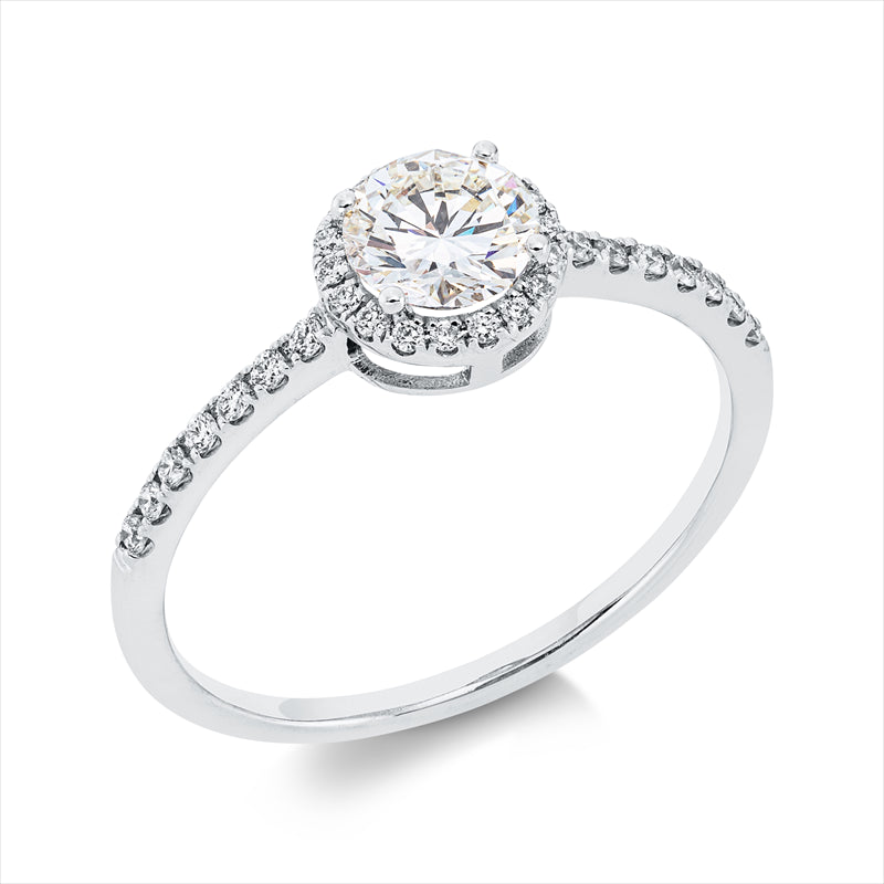 Ring 18 kt WG, 1 Brill. 0,56 ct, TW-vsi, 32 Brill. 0,14 ct, TW-vsi