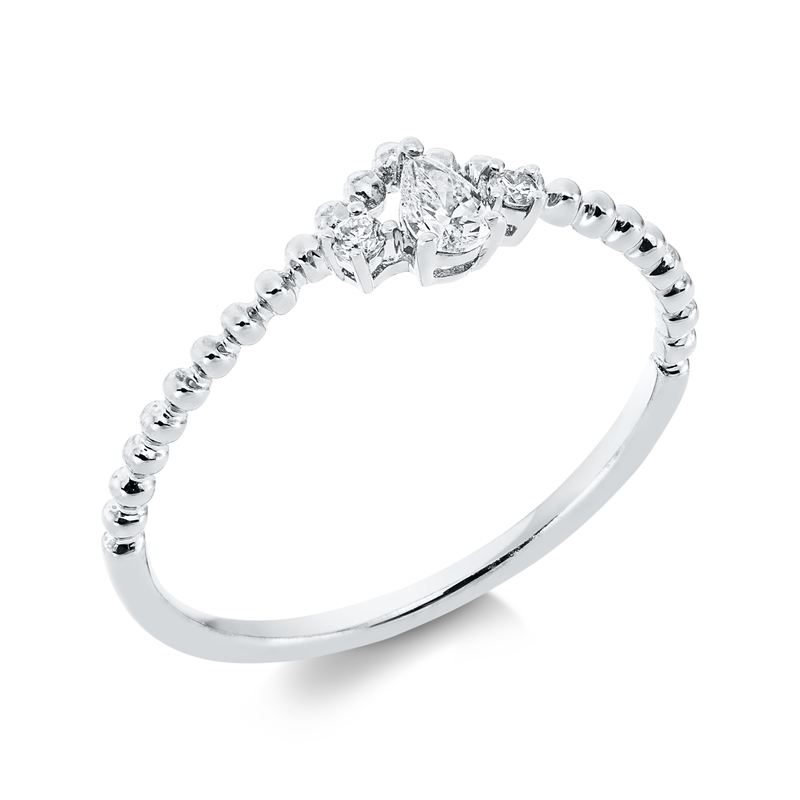 Ring 18 kt WG, 2 Brill. 0,04 ct, TW-pi, 1 Tropfen 0,09 ct, TW-vsi