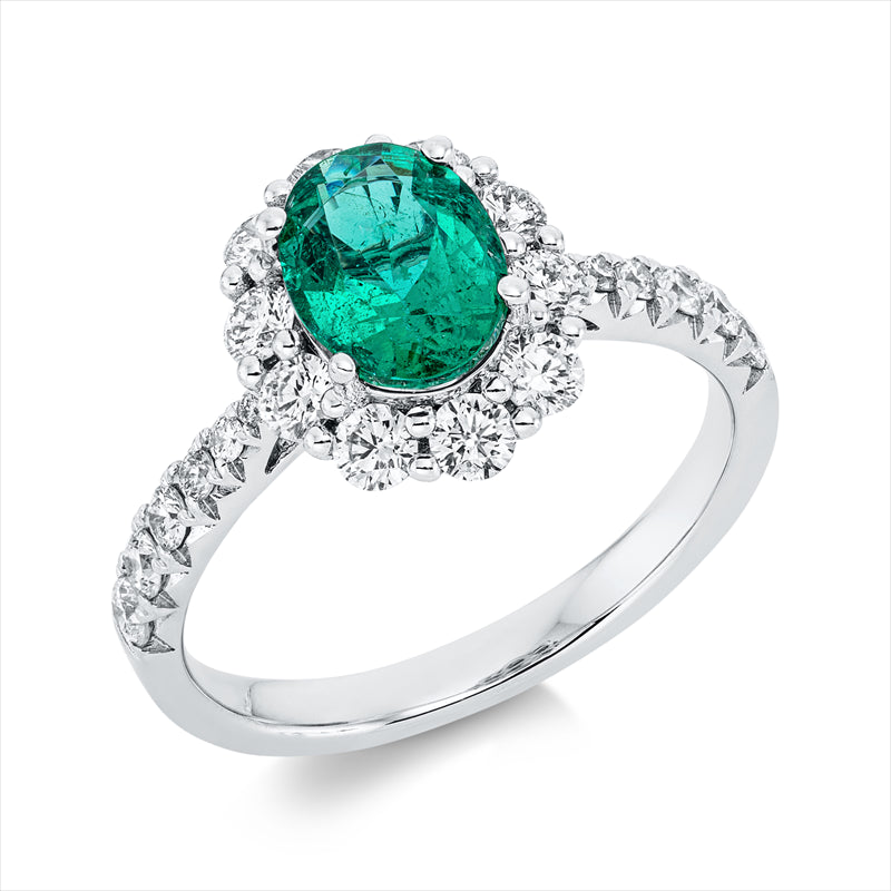 Ring 18 kt WG, 10 Brill. 0,57 ct, TW-si, 12 Brill. 0,24 ct, TW-si, 1 Smaragd 1,25 ct grün