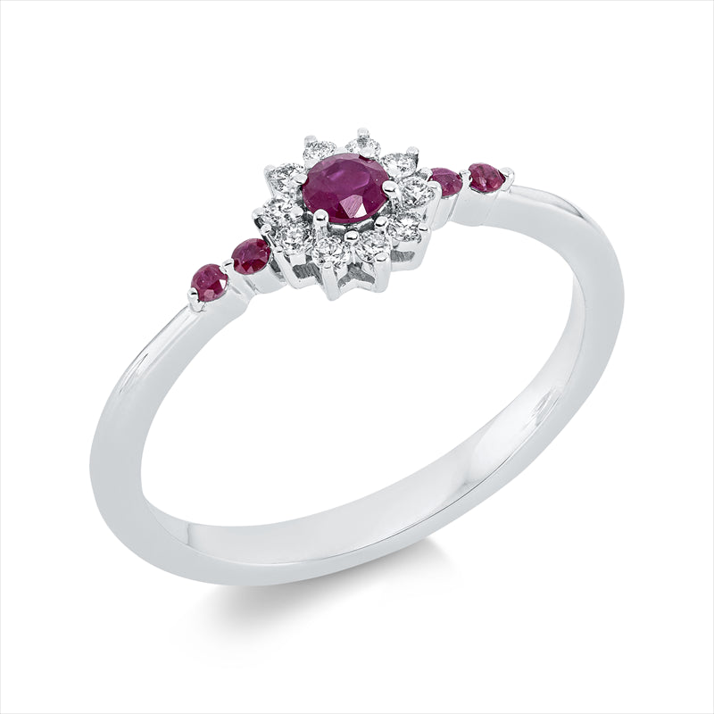 Ring 18 kt WG, 10 Brill. 0,09 ct, TW-si, 1 Rubin 0,11 ct rot, 4 Rubine 0,06 ct rot