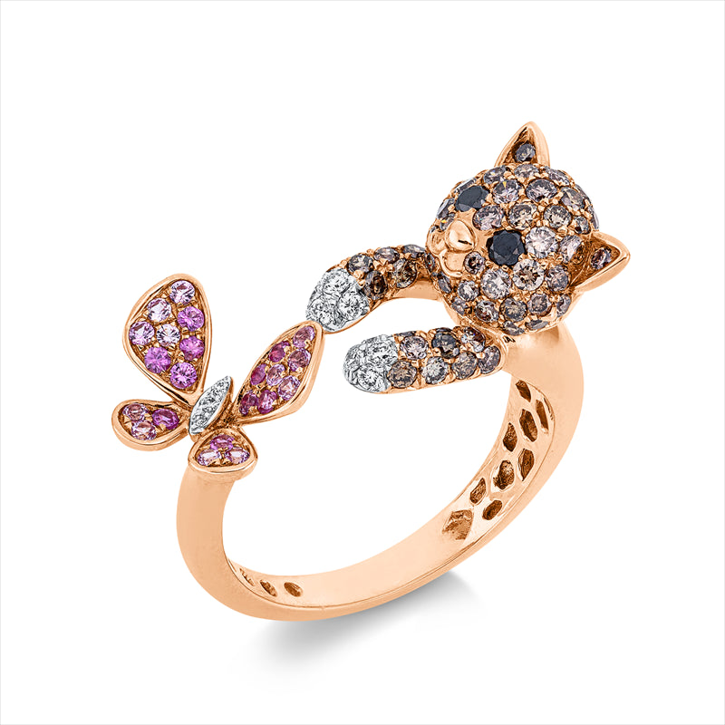Ring 18 kt,11 Brill.0,08ct, TW-vsi,65 Brill.0,73ct, braun, 2 Brill.0,05ct, schwarz, 22 Saphire 0,20 ct pink