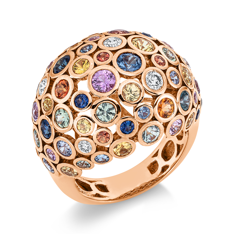 Ring 18 kt RG, 5 Brill. 0,31 ct, TW-vsi, 66 Saphire 5,02 ct multicolor