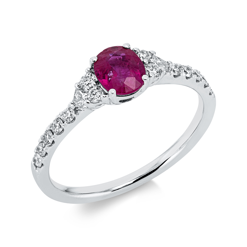 Ring 18 kt WG, 2 Princ. 0,09 ct, TW-si, 14 Brill. 0,23 ct, TW-si, 1 Rubin 0,71 ct rot
