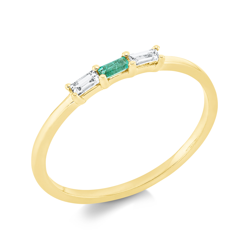 Ring 18 kt GG, 2 Bag. 0,08 ct, TW-vsi, 1 Smaragd 0,06 ct grün
