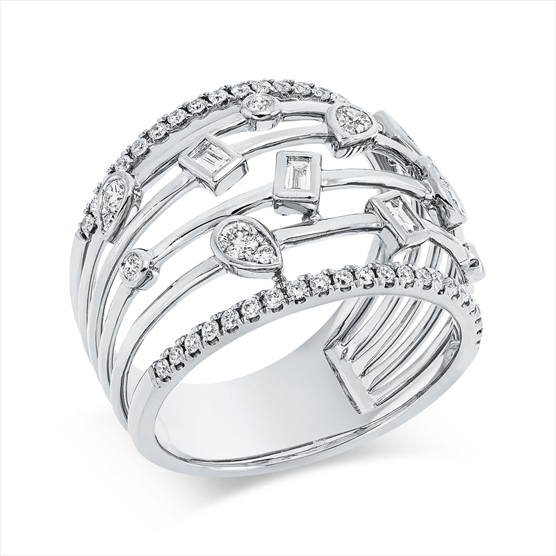 Ring 18 kt WG, 4 Brill. 0,07 ct, 4 Brill. 0,21 ct, TW-si, 4 Bag. 0,16 ct, F-vsi/si, 46 Brill. 0,29 ct, TW-si