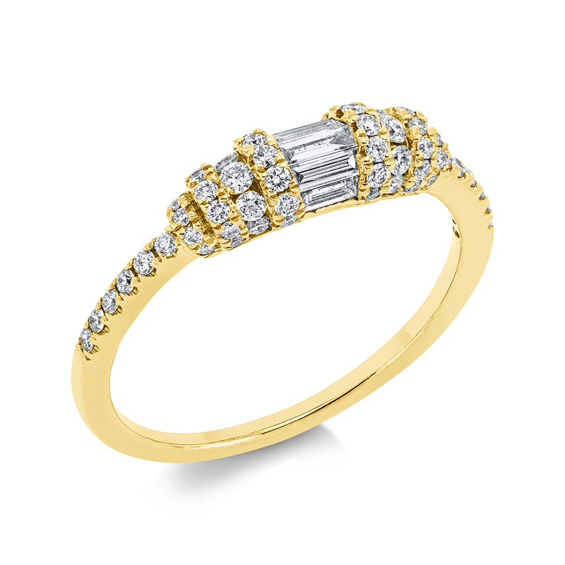 Ring 18 kt GG, 6 Brill. 0,07 ct, TW-si, 5 Bag. 0,16 ct, F-vsi, 54 Brill. 0,30 ct, TW-si