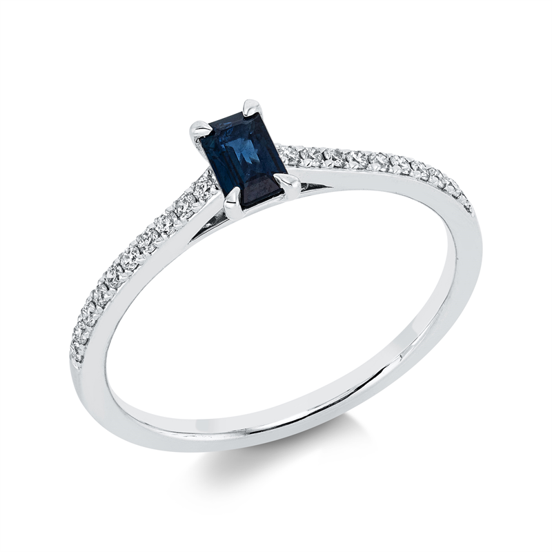 Ring 18 kt WG, 20 Brill. 0,14 ct, TW-si, 1 Saphir 0,36 ct blau