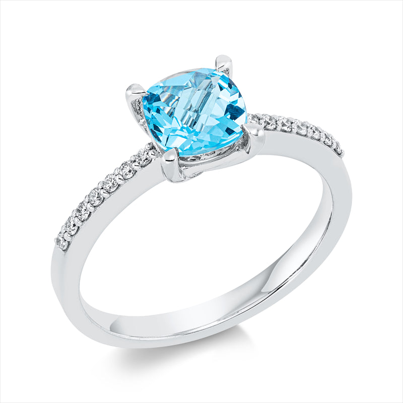 Ring 18 kt WG, 14 Brill. 0,10 ct, TW-si, 1 Topas 1,09 ct blau