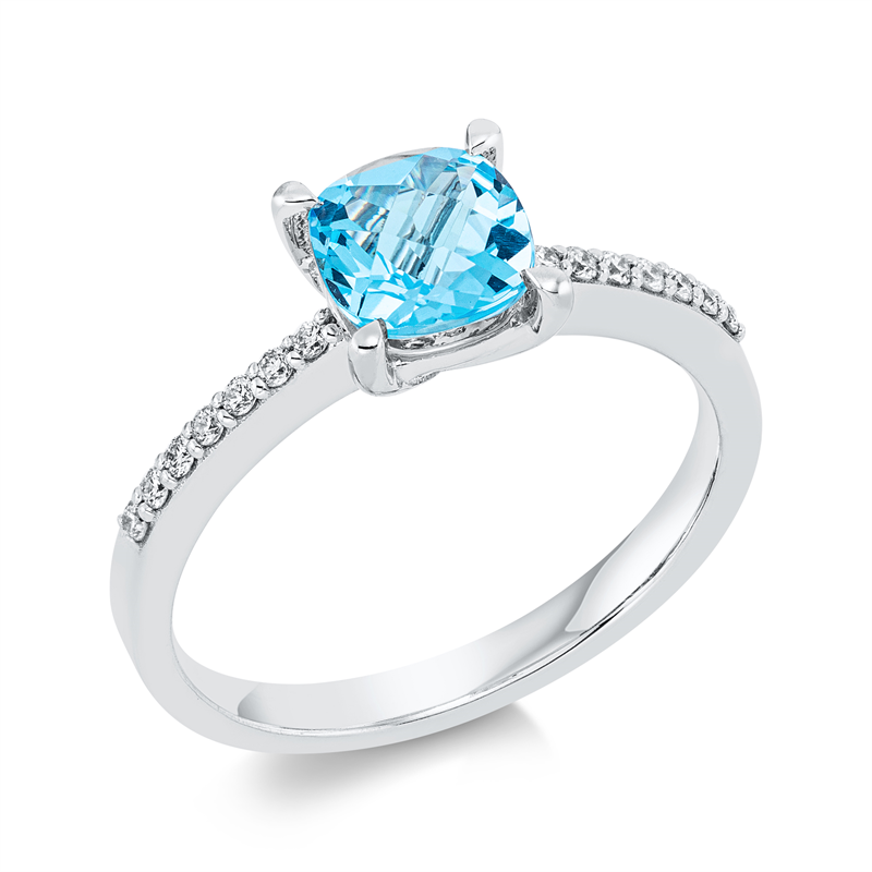 Ring 18 kt WG, 14 Brill. 0,10 ct, TW-si, 1 Topas 1,17 ct blau