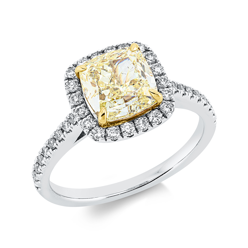Ring 950 Pt GP, GIA 5406698330, 1 Cushion 2,50 ct, gelb-vvs, 38 Brill. 0,35 ct, TW-vsi