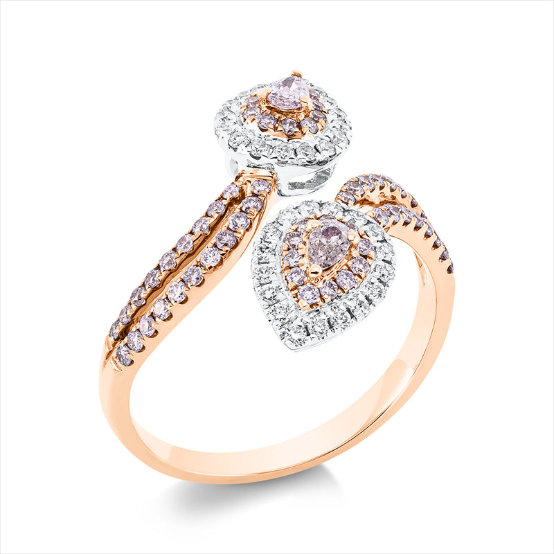 Ring 18 kt RG+WG, 34 Brill. 0,20 ct, TW-si, 2 Tropfen 0,11 ct, pink, 62 Brill. 0,35 ct, pink