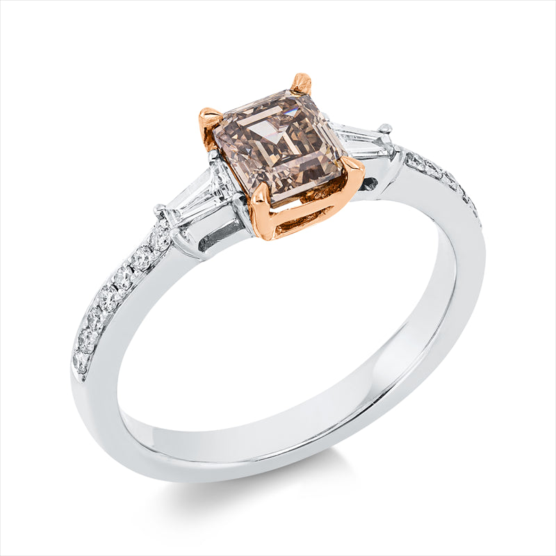 Ring 18 kt WG+RG, 2 Trap. 0,15 ct, TW-si, 14 Brill. 0,13 ct, TW-si, 1 Sm.schliff 1,00 ct, braun