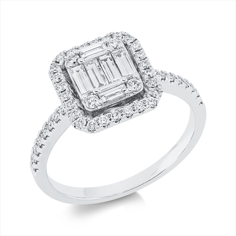 Ring 18 kt WG, 6 Bag. 0,34 ct, TW-si, 46 Brill. 0,33 ct, TW-si