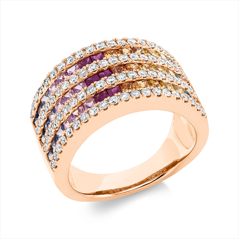 Ring 18 kt RG, 82 Brill. 0,69 ct, TW-si, 45 Saphire 2,32 ct multicolor