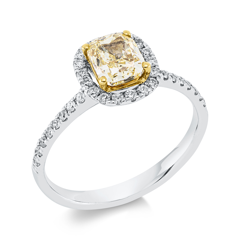 Ring 18 kt WG+GG, GIA 1158026509, 1 Cushion 1,01 ct, gelb-si1, 34 Brill. 0,27 ct, TW-si