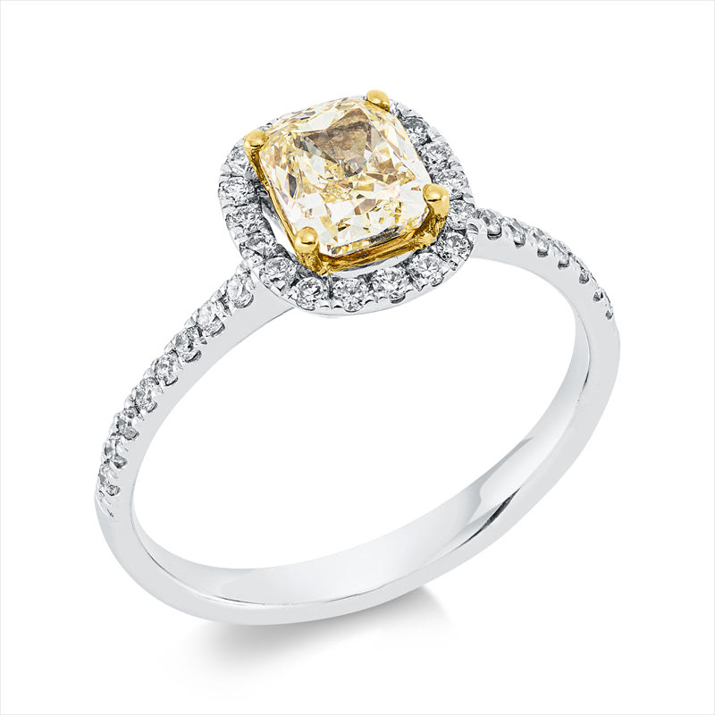 Ring 18 kt WG+GG, 1 Cushion 1,01 ct, gelb-si, 34 Brill. 0,27 ct, TW-si