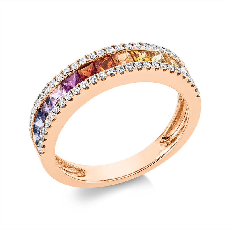 Ring 18 kt RG, 54 Brill. 0,25 ct, TW-si, 12 Saphire 1,05 ct multicolor, 1 Rubin 0,09 ct rot