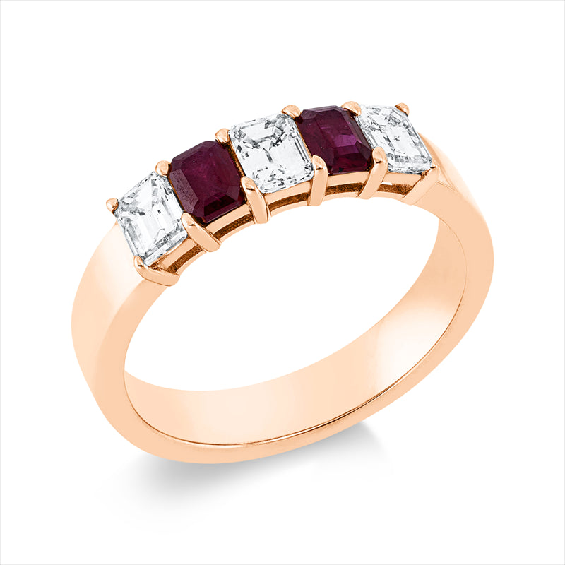 Ring 18 kt RG, 3 Sm.schliff 0,77 ct, TW-si, 2 Rubine 0,49 ct rot