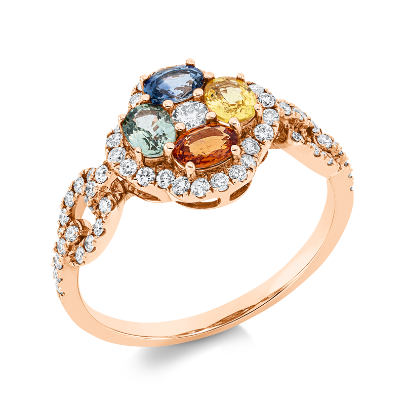 Ring 18 kt RG, 1 Brill. 0,06 ct, TW-si, 58 Brill. 0,34 ct, TW-si, 4 Saphire 0,90 ct multicolor