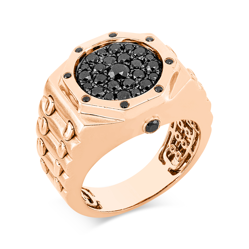 Ring 18 kt RG, Fassung teils schwarz rhodinie, 8 Brill. 0,10 ct, schwarz, 17 Brill. 0,67 ct, schwarz, 1 Brill. 0,18 ct, schwarz, 8 Brill. 0,05 ct, schwarz