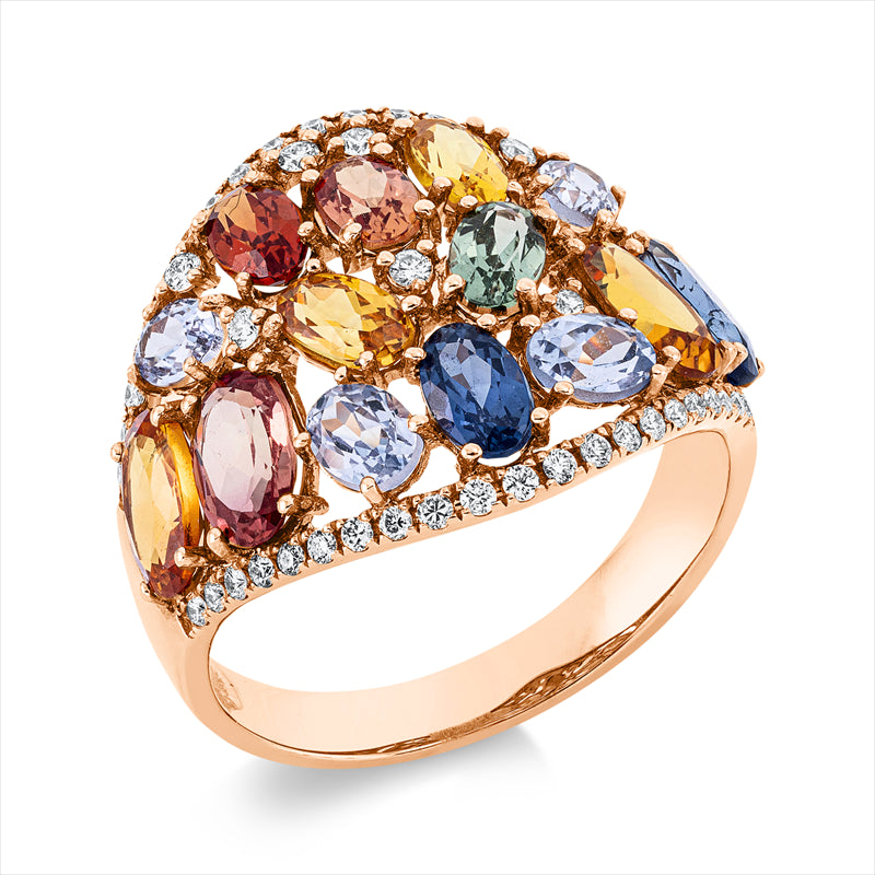 Ring 18 kt RG, 8 Brill. 0,07 ct, TW-si, 42 Brill. 0,19 ct, TW-si, 14 Saphire 4,83 ct multicolor