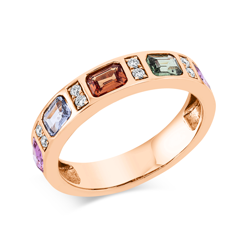 Ring 18 kt RG, 8 Brill. 0,08 ct, TW-si, 5 Saphire 1,20 ct fancy