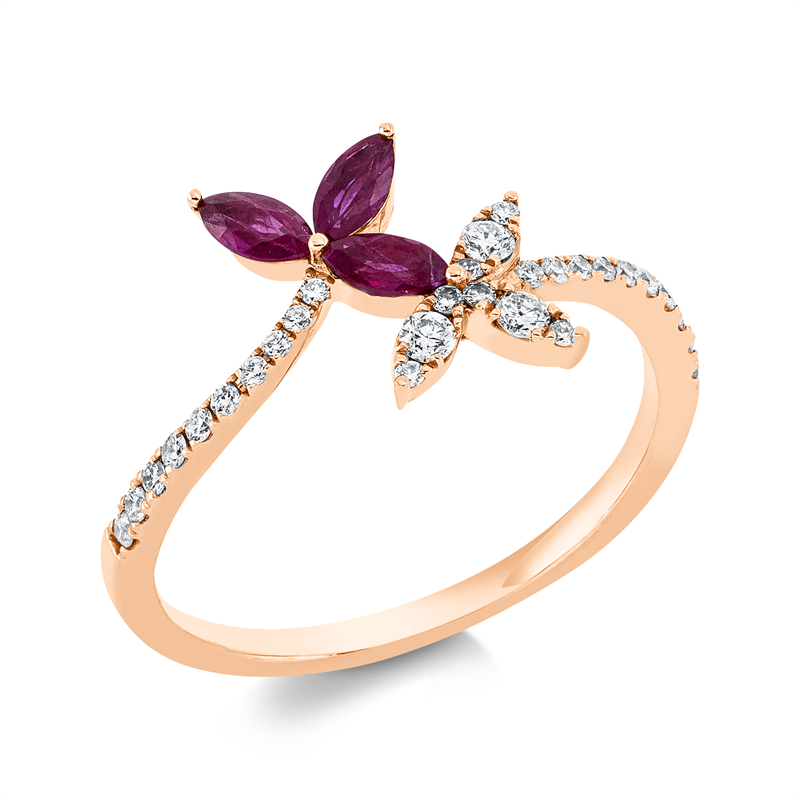 Ring 18 kt RG, 3 Brill. 0,06 ct, TW-si, 26 Brill. 0,13 ct, TW-si, 3 Rubine 0,34 ct rot