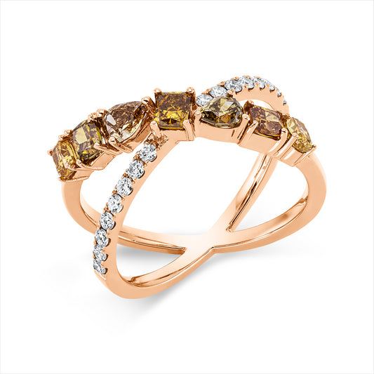 Ring 18 kt RG, 16 Brill. 0,22 ct, TW-si, 7 Fant-Schl. 1,19 ct, gelb