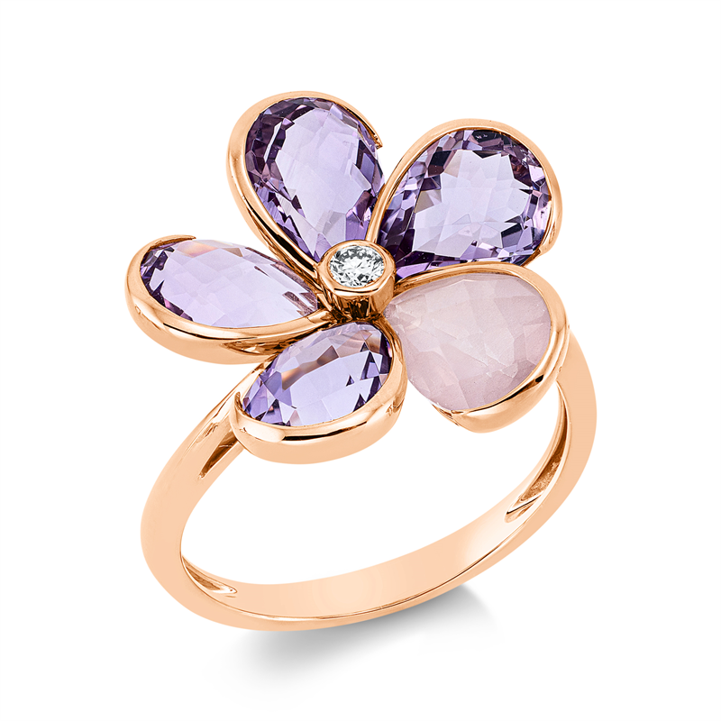 Ring 18 kt RG, 1 Brill. 0,06 ct, TW-si, 4 Amethyste 4,30 ct lila, 1 Quarz 1,10 ct rosa