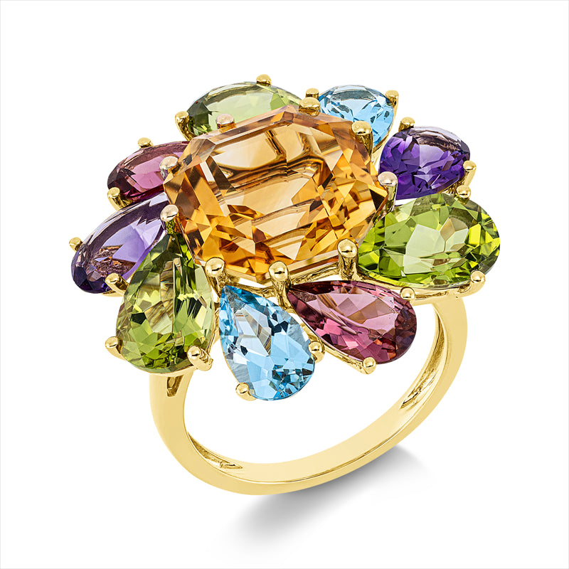Ring 18 kt GG, 3 Peridot 4,60 ct grün, 1 Citrin 7,90 ct gelb, 6 Farbsteine 5,10 ct multicolor