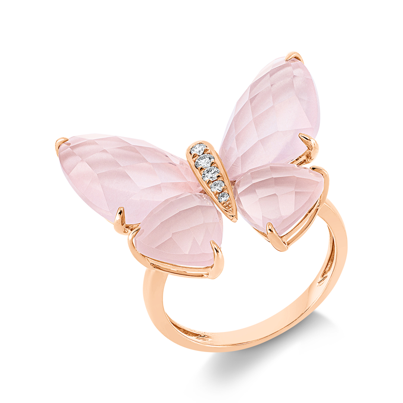 Ring 18 kt RG, 5 Brill. 0,07 ct, TW-si, 2 Rosenquarz 7,50 ct rosa, 2 Rosenquarz 4,40 ct rosa