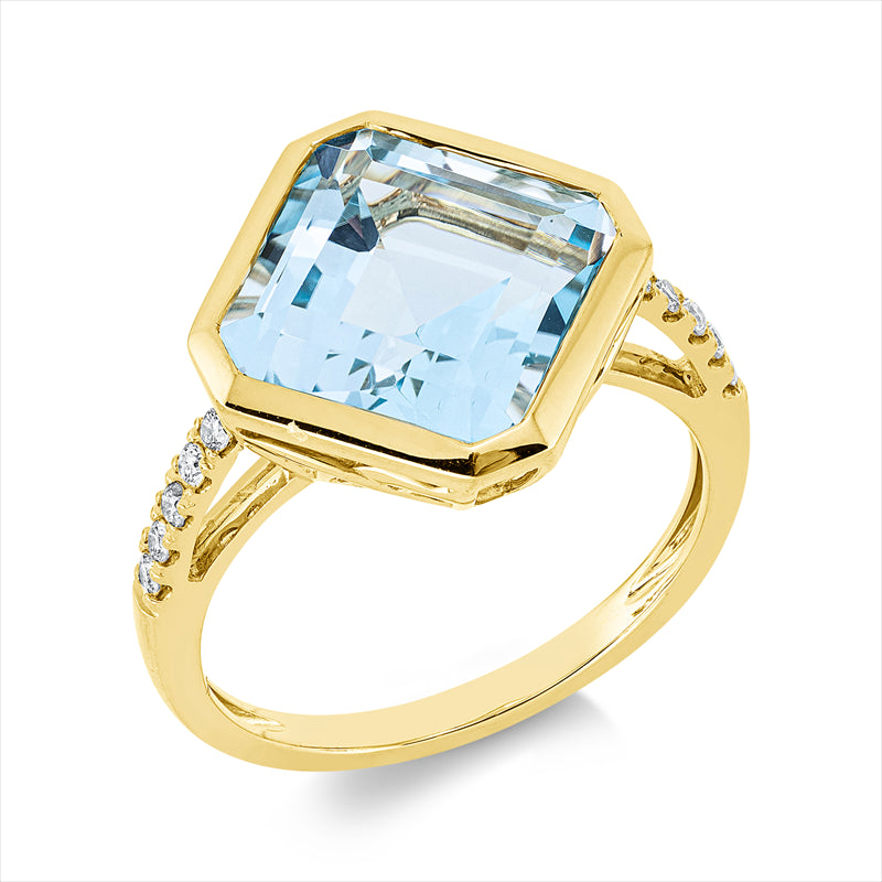 Ring 18 kt GG, 10 Brill. 0,13 ct, TW-si, 1 Topas 6,70 ct sky blue