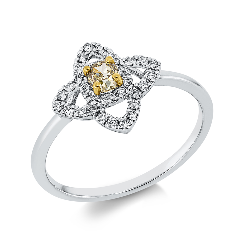 Ring 18 kt WG+GG, 38 Brill. 0,16 ct, TW-si, 1 Cushion 0,20 ct, gelb