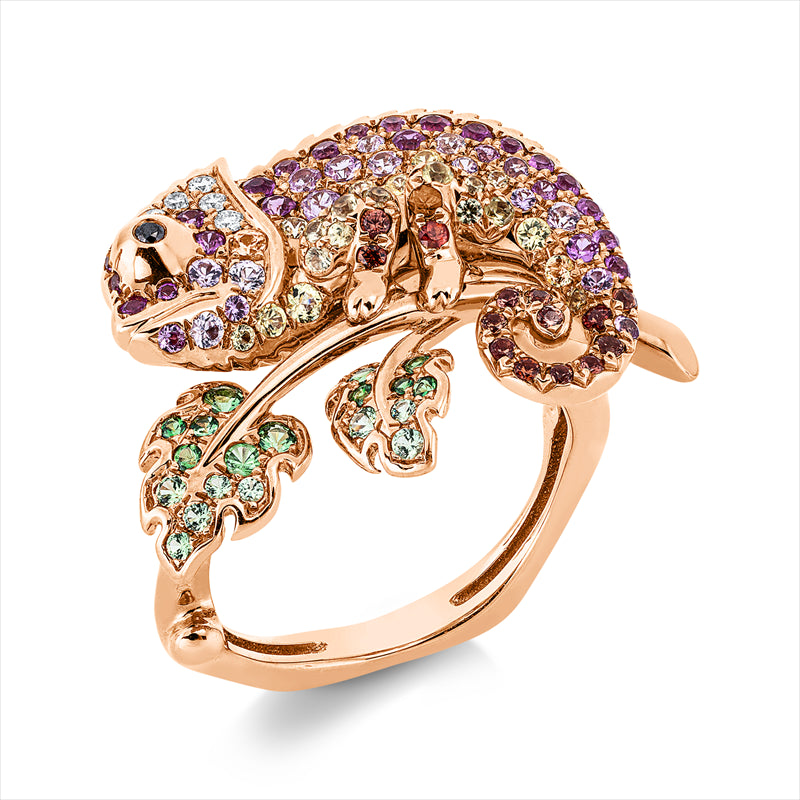 Ring 18 kt RG, 5 Brill. 0,04 ct, TW-vsi, 1 Brill. 0,01 ct, schwarz, 86 Sap. 1,10 ct multi, 11 Tsavorith 0,14 ct