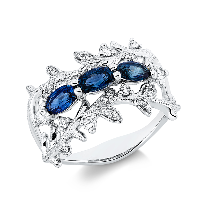 Ring 18 kt WG, 24 Brill. 0,31 ct, TW-si, 3 Saphire 0,91 ct blau