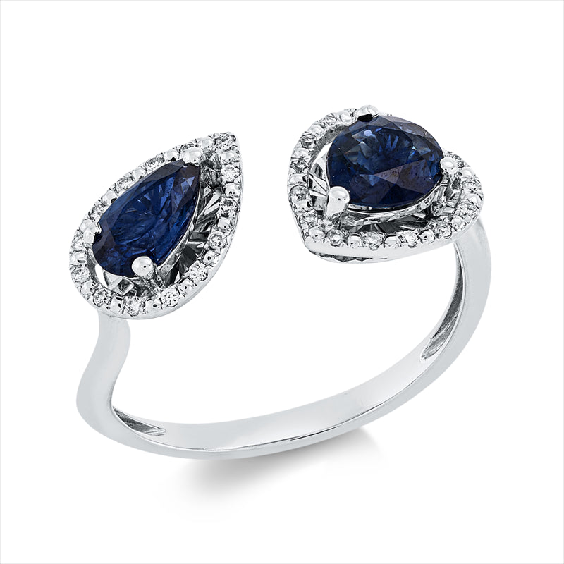 Ring 18 kt WG, 29 Brill. 0,08 ct, TW-pi, 1 Saphir 0,69 ct blau, 1 Saphir 0,51 ct blau