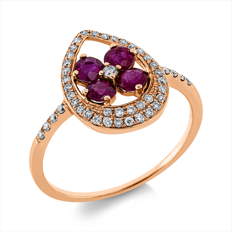 Ring 18 kt RG, 45 Brill. 0,22 ct, W-si, 4 Rubine 0,63 ct rot