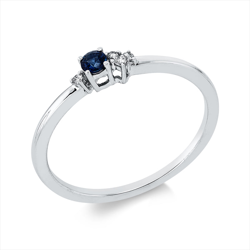 Ring 18 kt WG, 4 Brill. 0,03 ct, TW-pi, 1 Saphir 0,10 ct blau