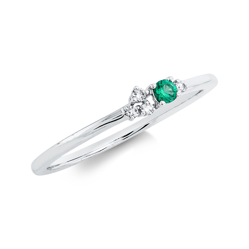 Ring 18 kt WG, 3 Brill. 0,02 ct, TW-pi, 1 Brill. 0,01 ct, TW-pi, 1 Smaragd 0,04 ct grün