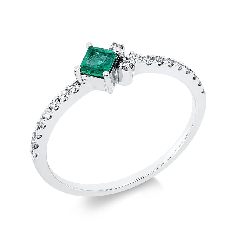 Ring 18 kt WG, 19 Brill. 0,13 ct, TW-pi, 1 Smaragd 0,16 ct grün