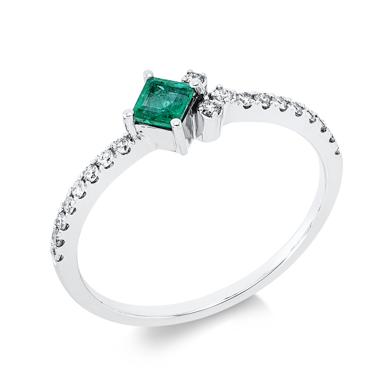 Ring 18 kt WG, 19 Brill. 0,13 ct, TW-pi, 1 Smaragd 0,16 ct grün