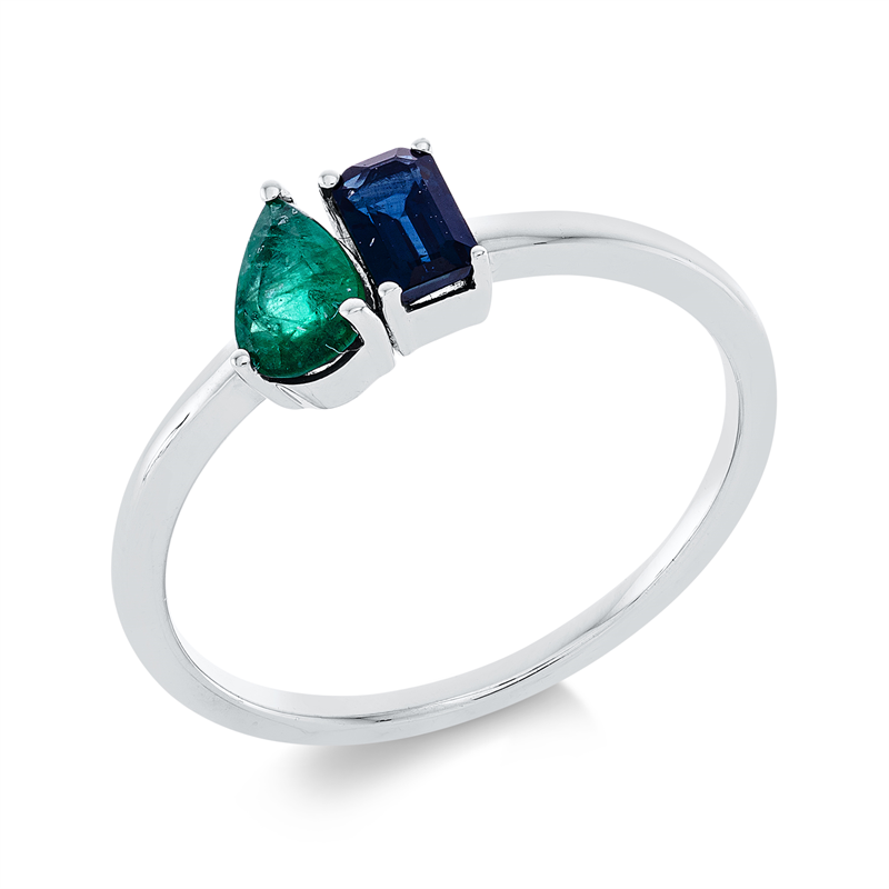 Ring 18 kt WG, 1 Saphir 0,38 ct blau, 1 Smaragd 0,30 ct grün