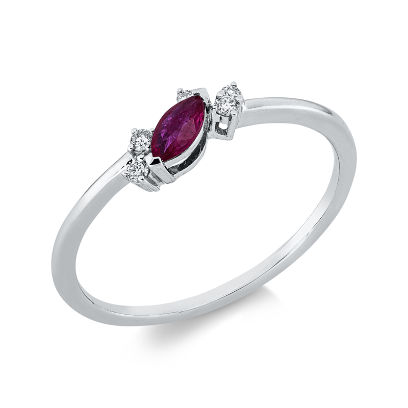 Ring 18 kt WG, 5 Brill. 0,06 ct, TW-pi, 1 Rubin 0,15 ct rot