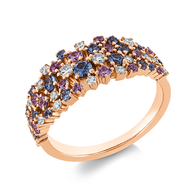 Ring 18 kt RG, 19 Brill. 0,27 ct, F-vsi, 33 Saphire 0,77 ct multicolor