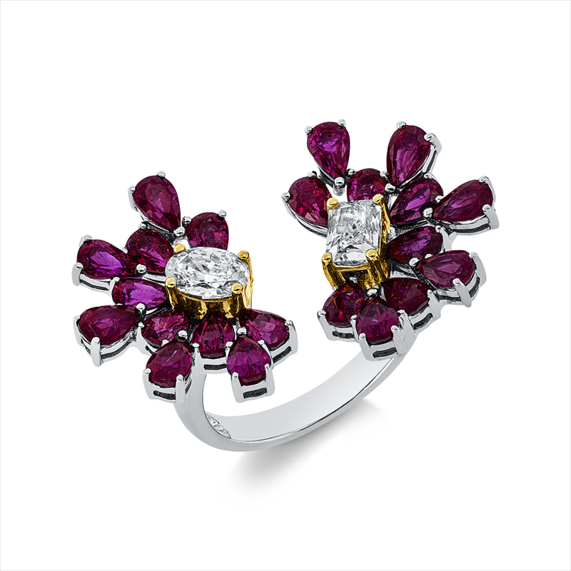 Ring 18 kt WG+GG, 2 Fant-Schl. 0,94 ct, gelb, 22 Rubine 5,29 ct rot