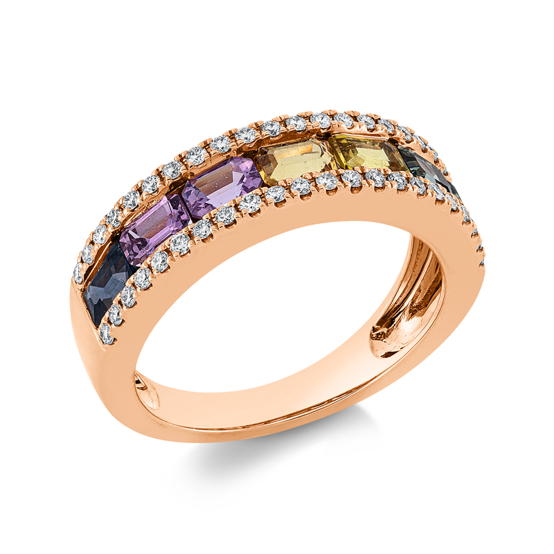 Ring 18 kt RG, 44 Brill. 0,30 ct, TW-si, 7 Saphire 1,71 ct multicolor