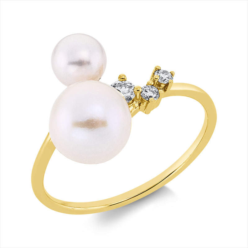 Ring 18 kt GG, 3 Brill. 0,11 ct, TW-si, 1 ZP weiß 7,5 mm, 1 ZP weiß 5,2 mm